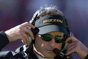 DALLAS - JANUARY 1: Head coach Gary Pinkel of the Missouri Tigers looks on against the Arkansas Razorbacks during the AT&T Cotton Bowl Classic on January 1, 2008 at the Cotton Bowl in Dallas, Texas. (Photo by Ronald Martinez/Getty Images)