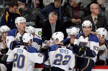 DENVER - NOVEMBER 26:  Head coach Andy Murray of the St. Louis Blues draws up a play during a time out against the Colorado Avalanche during NHL action at the Pepsi Center November 26, 2008 in Denver, Colorado. The Avalanche defeated the Blues 3-1.  (Phot