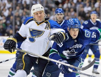VANCOUVER, CANADA - APRIL 15: Keith Tkachuk # 7 of the Columbus Blue Jackets pushes his way past Shane O'Brien #55 of the Vancouver Canucks during Game One of the Western Conference Quarterfinals of the 2009 Stanley Cup Playoffs at General Motors Place on