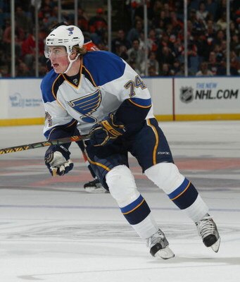 UNIONDALE, NY - OCTOBER 11: T.J. Oshie #74 of the St. Louis Blues skates against the New York Islanders on October 11, 2008 at the Nassau Coliseum in Uniondale, New York. (Photo by Bruce Bennett/Getty Images)