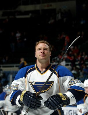 UNIONDALE, NY - OCTOBER 11: Cam Janssen #55 of the St. Louis Blues skates in warmups prior to his game against the New York Islanders on October 11, 2008 at the Nassau Coliseum in Uniondale, New York. (Photo by Bruce Bennett/Getty Images)