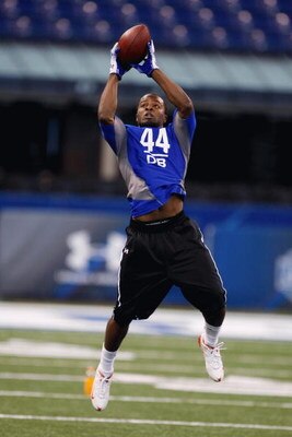 INDIANAPOLIS, IN - FEBRUARY 24:  Defensive back Alphonso Smith of Wake Forest jumps in the air to catch the football in practice drills during the NFL Scouting Combine presented by Under Armour at Lucas Oil Stadium on February 24, 2009 in Indianapolis, In