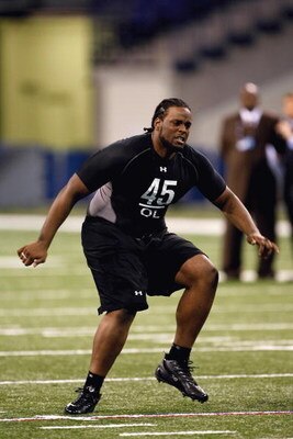 INDIANAPOLIS, IN - FEBRUARY 21:  Offensive lineman Duke Robinson of Oklahoma runs in practice drills during the NFL Scouting Combine presented by Under Armour at Lucas Oil Stadium on February 21, 2009 in Indianapolis, Indiana. (Photo by Scott Boehm/Getty 