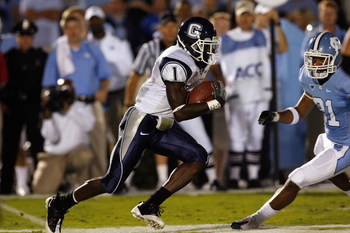 CHAPEL HILL, NC - OCTOBER 4: Darius Butler #1 of the Connecticut Huskies runs with the ball during the game against the North Carolina Tar Heels at Kenan Stadium on October 4, 2008 in Chapel Hill, North Carolina. (Photo by Kevin C. Cox/Getty Images)