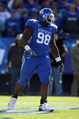 LEXINGTON, KY - NOVEMBER 8:  Myron Pryor #98 of the Kentucky Wildcats looks on during the game against the Georgia Bulldogs at Commonwealth Stadium on November 8, 2008 in Lexington, Kentucky. (Photo by Andy Lyons/Getty Images)