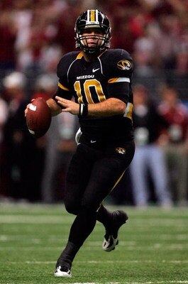 SAN ANTONIO - DECEMBER 1:  Quarterback Chase Daniel #10 of the Missouri Tigers drops back to pass in the second quarter against the Oklahoma Sooners during the Big 12 Championship at the Alamodome December 1, 2007 in San Antonio, Texas.  (Photo by Ronald 