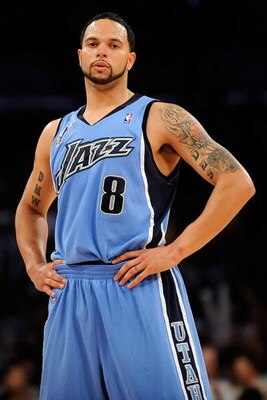 LOS ANGELES, CA - APRIL 19:  Deron Williams #8 of the Utah Jazz looks on against the Los Angeles Lakers in Game One of the Western Conference Quarterfinals during the 2009 NBA Playoffs at Staples Center on April 19, 2009 in Los Angeles, California. NOTE T