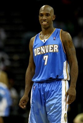 CHARLOTTE, NC - NOVEMBER 11:  Chauncey Billups #7 of the Denver Nuggets smiles after a play that defeated the Charlotte Bobcats during their game at Time Warner Cable Arena on November 11, 2008 in Charlotte, North Carolina. NOTE TO USER: User expressly ac