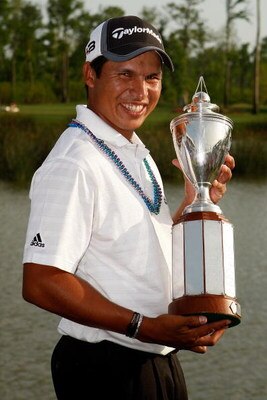 AVONDALE, LA - MARCH 30:  Andres Romero holds the winner's trophy after the final round of the Zurich Classic of New Orleans on March 30, 2008 at TPC Louisiana in Avondale, Louisiana.  Romero finished the day at 13 under-par.  (Photo by Chris Graythen/Get