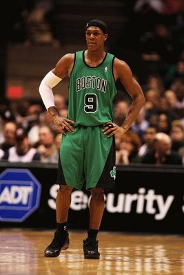 EAST RUTHERFORD, NJ - MARCH 04:  Rajon Rondo #9 of Boston Celtics looks on against the New Jersey Nets during their game on March 4th, 2009 at The Izod Center in East Rutherford, New Jersey.  NOTE TO USER: User expressly acknowledges and agrees that, by d