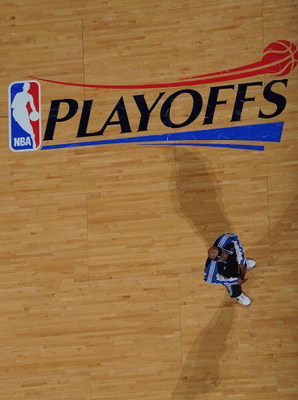 SAN ANTONIO - APRIL 20:  The NBA Playoffs logo in Game Two of the Western Conference Quarterfinals during the 2009 NBA Playoffs at AT&T Center on April 20, 2009 in San Antonio, Texas. NOTE TO USER: User expressly acknowledges and agrees that, by downloadi