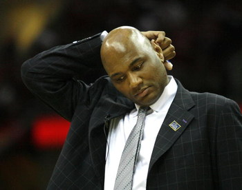 CLEVELAND - APRIL 18:  Michael Curry head coach of the Detroit Pistons scratches his head against the Cleveland Cavaliers during Game One of the Eastern Conference Quarterfinals during the 2009 NBA Playoffs at Quicken Loans Arena on April 18, 2009 in Clev
