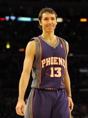LOS ANGELES, CA - DECEMBER 10:  Steve Nash #13 of the Phoenix Suns smiles against the Los Angeles Lakers during the first half at the Staples Center on December, 10 2008 in Los Angeles, California.   NOTE TO USER: User expressly acknowledges and agrees th