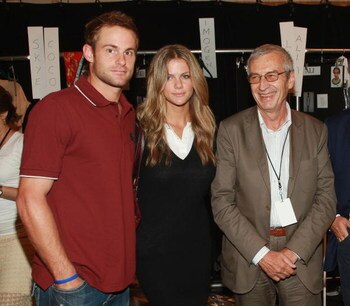 NEW YORK - SEPTEMBER 06:  (L-R) American professional tennis player Andy Roddick, model Brooklyn Decker and President of Lacoste Michel Lacoste pose backstage at the Lacoste Spring 2009 fashion show during Mercedes-Benz Fashion Week at The Tent in Bryant 