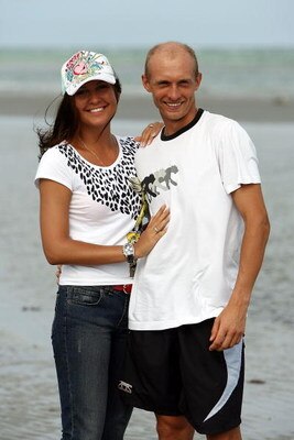 KEY BISCAYNE, FL - APRIL 06:  Nikolay Davydenko of Russia poses with his wife Irina Davydenko after defeating Rafael Nadal of Spain in straight sets to win the men's singles final on day fourteen of the Sony Ericsson Open at the Crandon Park Tennis Center