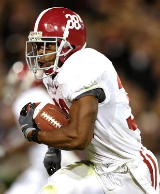 ATHENS, GA - SEPTEMBER 27:  Running back Glen Coffee #38 of the Alabama Crimson Tide scores a touchdown in the second quarter against the Georgia Bulldogs at Sanford Stadium on September 27, 2008 in Athens, Georgia.  (Photo by Doug Benc/Getty Images)