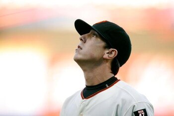 SAN FRANCISCO - AUGUST 21:  Pitcher Tim Lincecum #55 of the San Francisco Giants follows the ball during a Major League Baseball game against the Chicago Cubs on August 21, 2007 at AT&T Park in San Francisco, California.  (Photo by Greg Trott/Getty Images