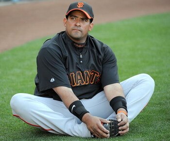 LOS ANGELES, CA - APRIL 16:  Bengie Molina #1 of the San Francisco Giants warms up before the game against the Los Angeles Dodgers at Dodger Stadium on April 16, 2009 in Los Angeles, California.  (Photo by Harry How/Getty Images)