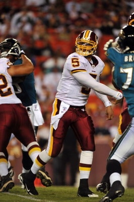 LANDOVER, MD - AUGUST 28: Quarterback Colt Brennan #5 of the Washington Redskins passes the ball during the preseason game against the Jacksonville Jaguars on August 28, 2008 at FedEx Field in Landover, Maryland. (Photo by Larry French/Getty Images)
