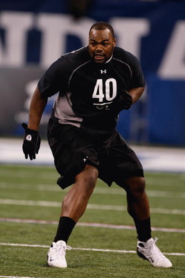 INDIANAPOLIS, IN - FEBRUARY 21:  Offensive lineman Michael Oher of Mississippi runs in practice drills during the NFL Scouting Combine presented by Under Armour at Lucas Oil Stadium on February 21, 2009 in Indianapolis, Indiana. (Photo by Scott Boehm/Gett