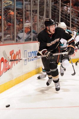 ANAHEIM, CA - APRIL 21:  Bobby Ryan #9 of the Anaheim Ducks skates to the puck against the San Jose Sharks during Game Three of the Western Conference Quarterfinal Round of the 2009 Stanley Cup Playoffs at Honda Center on April 21, 2009 in Anaheim, Califo