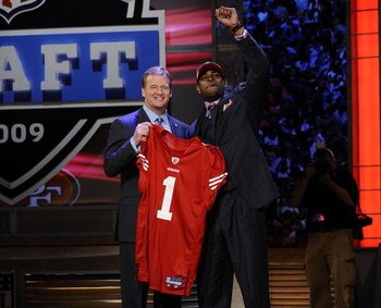 NEW YORK - APRIL 25:  NFL Commissioner Roger Goodell poses with with San Francisco 49ers #10 draft pick Michael Crabtree at Radio City Music Hall for the 2009 NFL Draft on April 25, 2009 in New York City  (Photo by Jeff Zelevansky/Getty Images)