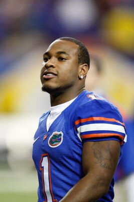 ATLANTA - DECEMBER 06: Percy Harvin #1 of the Florida Gators watches pregame warmups before the start of the SEC Championship against the Alabama Crimson Tide during the SEC Championship on December 6, 2008 at the Georgia Dome in Atlanta, Georgia. (Photo 