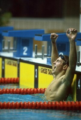 19 Jul-3 Aug 1984:  Vladimir Salnikov of the Soviet Union raises his arms aloft in victory after winning the 1500 metres Freestyle event at the 1980 Olympic Games in Moscow. Salnikov won the gold medal with a time of 14:58.27 minutes. \ Mandatory Credit:T