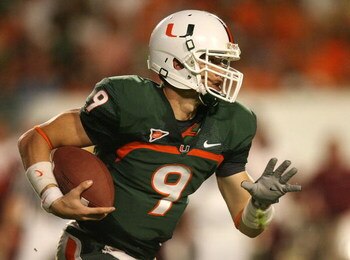 MIAMI - NOVEMBER 13:  Quarterback Robert Marve #9 of the Miami Hurricanes looks for room to run while taking on the Virginia Tech Hokies at Dolphin Stadium on November 13, 2008 in Miami, Florida. Miami defeated Virginia Tech 16-14.  (Photo by Doug Benc/Ge