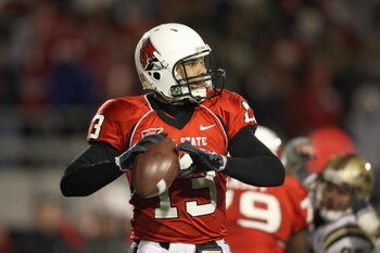 MUNCIE, IN - NOVEMBER 25:  Quarterback Nate Davis #13  of the Ball State Cardinals looks to pass the ball during the MAC game against the Western Michigan Broncos at Scheumann Stadium on November 25, 2008 in Muncie, Indiana.  (Photo by Andy Lyons/Getty Im