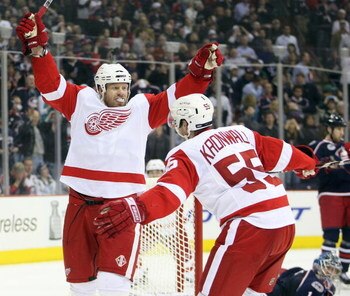 COLUMBUS, OH - APRIL 23:  Johan Franzen #93 of the Detroit Red Wings celebrates his go ahead goal late in the game against the Columbus Blue Jackets during Game Four of the Western Conference Quarterfinals of the 2009 Stanley Cup Playoffs on April 23, 200