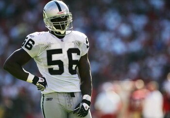 SAN FRANCISCO - OCTOBER 08:  Derrick Burgess #56 the Oakland Raiders looks on during the NFL game against the San Francisco 49ers at Monster Park on October 8, 2006 in San Francisco, California.  (Photo by Jed Jacobsohn/Getty Images)