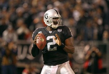 OAKLAND, CA - SEPTEMBER 8:  Quarterback JaMarcus Russell #2 of the Oakland Raiders looks to make a pass play during the NFL game against the Denver Broncos on September 8, 2008 at McAfee Coliseum in Oakland, California. The Broncos defeated the Raiders 41