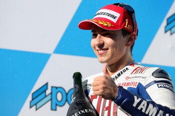 MOTEGI, JAPAN - APRIL 26:  Jorge Lorenzo of Spain and Fiat Yamaha Team celebrates his victory during an award ceremony for the MotoGP World Championship Grand Prix of Japan at Twin Ring Motegi on April 26, 2009 in Motegi, Japan.  (Photo by Kiyoshi Ota/Get