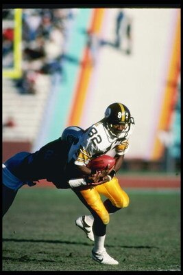 16 Dec 1984:  Wide receiver John Stallworth of the Pittsburgh Steelers moves the ball during a game against the Los Angeles Raiders at the Los Angeles Memorial Coliseum in Los Angeles, California.  The Steelers won the game, 13-7. Mandatory Credit: Rick S