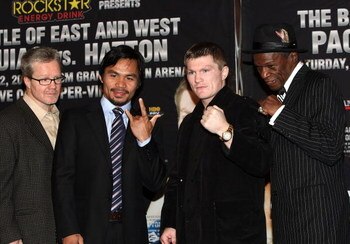 HOLLYWOOD - MARCH 30:  Trainer Freddie Roach, professional boxer Manny Pacquiao, professional boxer Ricky Hatton and trainer Floyd Mayweather attend 'The Battle of East and West', a promotion for the May 2, 2009 World Junior Welterweight Championship boxi
