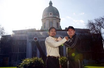 LONDON - MARCH 02:  Ricky Hatton (R) and Manny Pacquiao pose outside the Imperial War Museum on March 2, 2009 in London, England. Ricky Hatton will fight Manny Pacquiao on Saturday May 2, 2009 at the MGM Grand Garden Arena in Las Vegas.  (Photo by Julian 