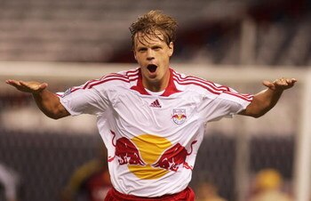 EAST RUTHERFORD, NJ - SEPTEMBER 13:  Dave van den Bergh #11 of the New York Red Bulls celebrates his goal in the second half to break an 1-1 tie against the Real Salt Lake at Giants Stadium in the Meadowlands on September 13, 2008 in East Rutherford, New 