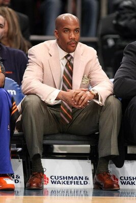 NEW YORK - MARCH 05:  Stephon Marbury #3 of the New York Knicks sits injured on the bench against the Cleveland Cavaliers during their game on March 5, 2008 at Madison Square Garden in New York City.   NOTE TO USER: User expressly acknowledges and agrees 