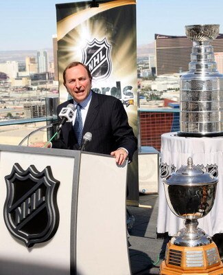 LAS VEGAS - APRIL 06:  NHL Commissioner Gary Bettman speaks during a news conference discussing the 2009 NHL Awards at the Ghostbar at the Palms Casino Resort April 6, 2009 in Las Vegas, Nevada. The 2009 NHL Awards will be held at the Palms on June 18, 20