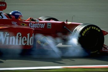 27 Sep 1998:  Williams Mecachrome driver Jacques Villeneuve locks his front brakes during the Luxembourg Grand Prix at the Nurburgring in Germany. \ Mandatory Credit: Michael Cooper /Allsport