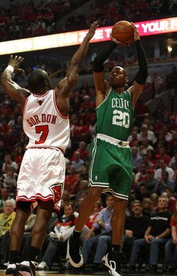 CHICAGO - APRIL 30: Ray Allen #20 of the Boston Celtics puts up a shot over Ben Gordon #7 of the Chicago Bulls in Game Six of the Eastern Conference Quarterfinals during the 2009 NBA Playoffs at the United Center on April 30, 2009 in Chicago, Illinois. NO