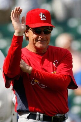 CHICAGO, IL - SEPTEMBER 19: Manager Tony LaRussa#10 of the St. Louis Cardinals waves to fans during batting practice prior to the game against the Chicago Cubs at the Wrigley Field on September 19, 2008 in Chicago, Illinois. (Photo by Scott Boehm/Getty Im