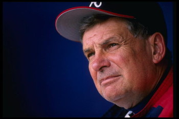 6 Apr 1997: Manager Bobby Cox of the Atlanta Braves watches his team in this portrait taken during the Braves 11-5 win over the Chicago Cubs at Turner Field in Atlanta, Georgia.