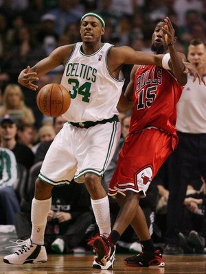 BOSTON - MAY 02:  Paul Pierce #34 of the Boston Celtics tries to hang on to the ball as John Salmons #15 of the Chicago Bulls defends in Game Seven of the Eastern Conference Quarterfinals during the 2009 NBA Playoffs at TD Banknorth Garden on May 2, 2009 
