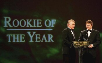 SYDNEY, NSW - OCTOBER 14:  Drew Mitchell of the Wallabies gives his acceptance speech after being awarded the Rookie Of The Year award during the John Eales Medal dinner held at the Horden Pavillion October 14, 2005 in Sydney, Australia.  (Photo by Chris 