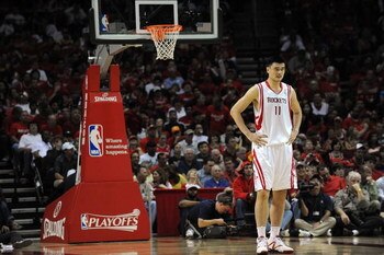 HOUSTON - APRIL 26:  Center Yao Ming #11 of the Houston Rockets during play against the Portland Trail Blazers in Game Four of the Western Conference Quarterfinals during the 2009 NBA Playoffs at Toyota Center on April 26, 2009 in Houston, Texas. NOTE TO 