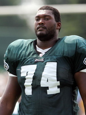 BETHLEHEM, PA - JULY 25: Winston Justice #74 of the Philadelphia Eagles looks on during training camp on the practice field at Lehigh University on July 25, 2006 in Bethlehem, Pennsylvania. (Photo by Jim McIsaac/Getty Images)