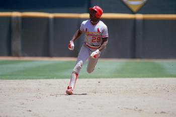 SAN DIEGO - 1985:  Vince Coleman #29 of the St. Louis Cardinals runs between bases during a game against the San Diego Padres in 1985 at Jack Murphy Stadium in San Diego, California.  (Photo by Stephen Dunn/Getty Images)