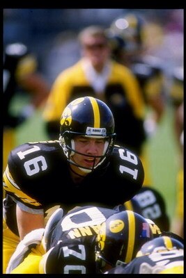 12 Sep 1992: Quarterback Paul Burmeister #16 of the Iowa Hawkeyes in action during a game against the Iowa State Cyclones. The Iowa Hawkeyes won the game 21-7.